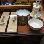 A Honiton pottery lamp, Asian pictures, clock etc.