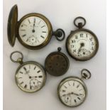 A large plated pocket watch together with four oth