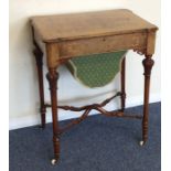 A Victorian burr walnut sewing box on tapering sup