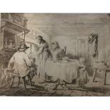 An unframed pen and ink drawing of a kitchen scene