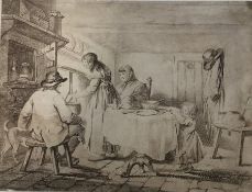 An unframed pen and ink drawing of a kitchen scene