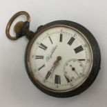 A massive gun metal pocket watch with white enamel