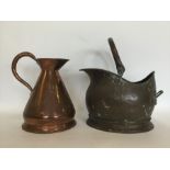 A copper coal scuttle together with a jug etc. Est