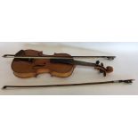 A cased violin and two bows. Marked, "Hopf". Est.