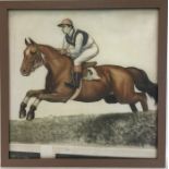 A framed perspex sign depicting a jockey on a race