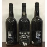 Three x 75cl bottles of Fonseca's Finest 1977 Vintage Port. (Labels indistinct