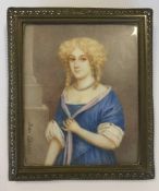 An oval miniature of a lady wearing pink dress in