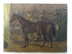 An oil on canvas depicting a stabled stallion. App