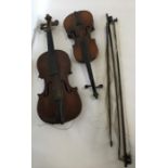 Two old violins and bows. Est. £30 - £40.