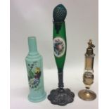 A green glass lustre vase together with a scent bo