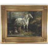 An oil on board depicting a horse in stables with