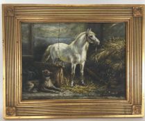 An oil on board depicting a horse in stables with