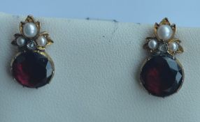 A pair of Antique garnet, pearl and rose diamond e