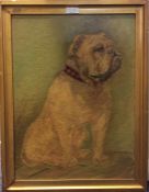 E WILLIAMSON: An oil on board depicting a seated bulldog