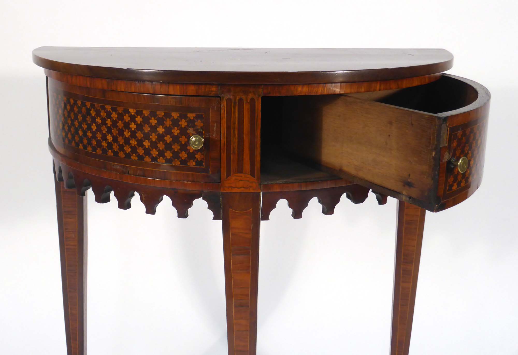 An 18th century walnut, strung and marquetry demi-lune side table in the Sheraton manner, - Image 4 of 5