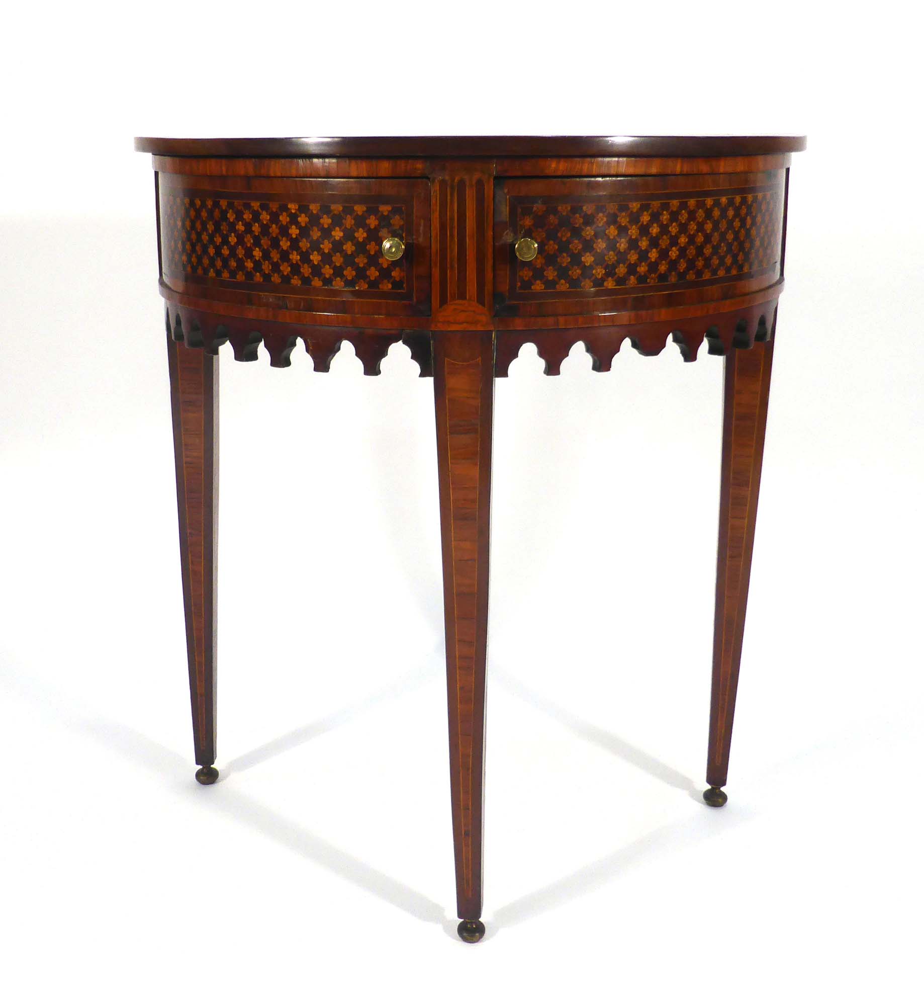 An 18th century walnut, strung and marquetry demi-lune side table in the Sheraton manner,