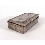 A 19th century metalware snuff box of rectangular form, naively decorated, w.