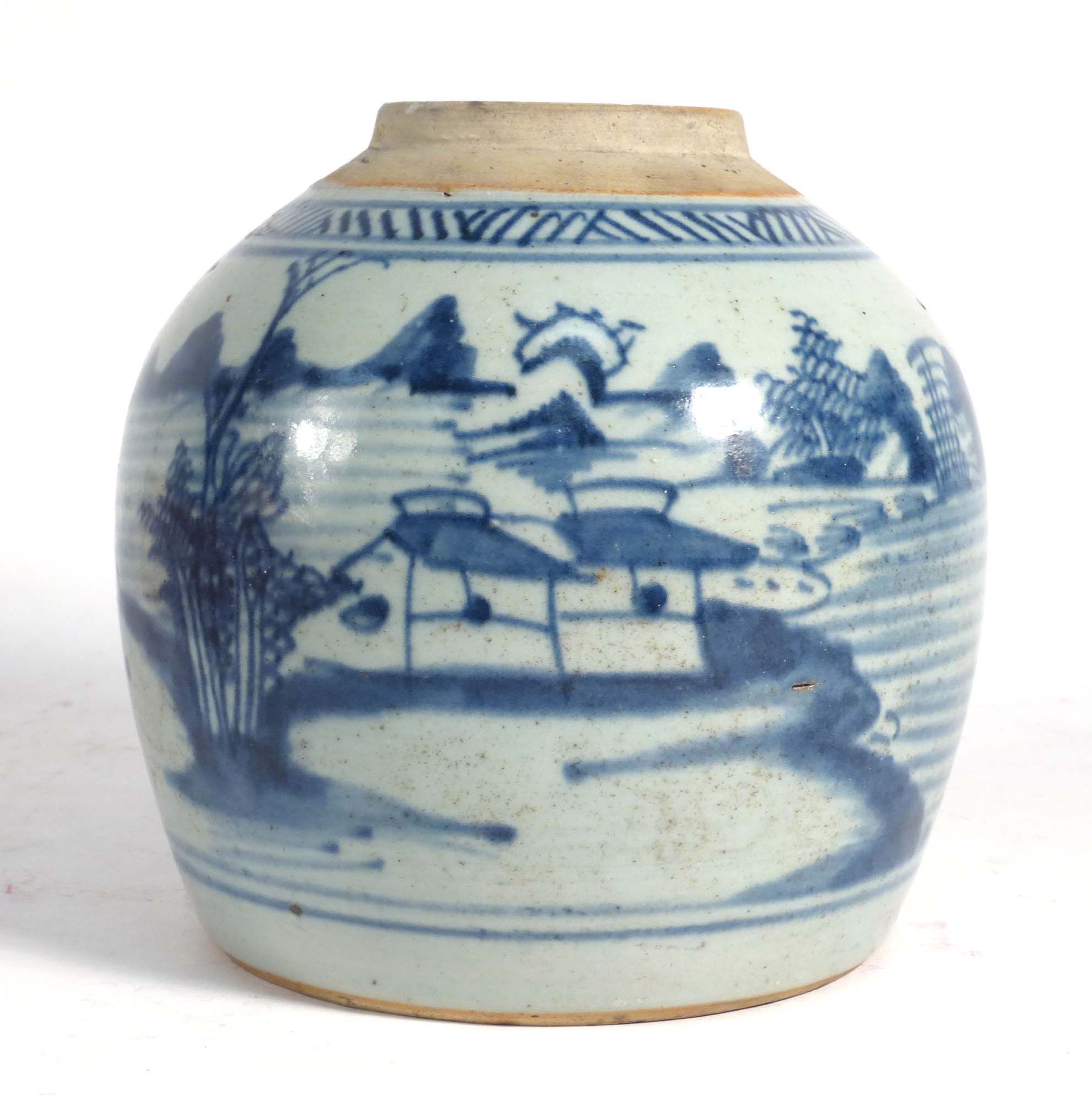 A 19th century Chinese stoneware blue and white jar of globular form, - Image 2 of 2