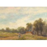 Robert Thorn Waite (1842-1935), a woman walking away from a cottage, signed and dated '91,