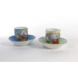 A set of six miniature Sevres-type cabinet cups and saucers decorated with typical scenes