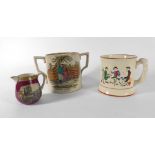A group of ceramics including a Fenton Pratt cup, numbered 123, together with two Pratt ware jugs,