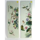 A pair of Chinese porcelain plaques of rectangular form decorated in coloured enamels with birds