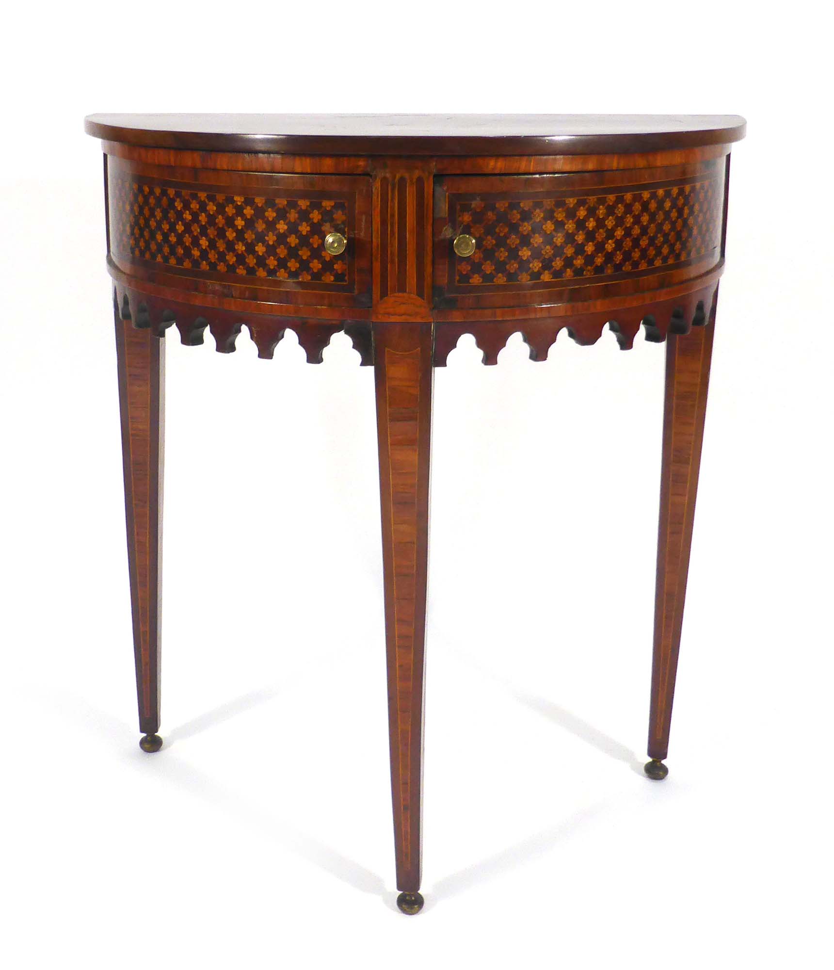 An 18th century walnut, strung and marquetry demi-lune side table in the Sheraton manner, - Image 2 of 5