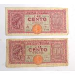 Two Banca D'Italia Lire Cento bank notes issued during the Second World War (1943) to the Allied