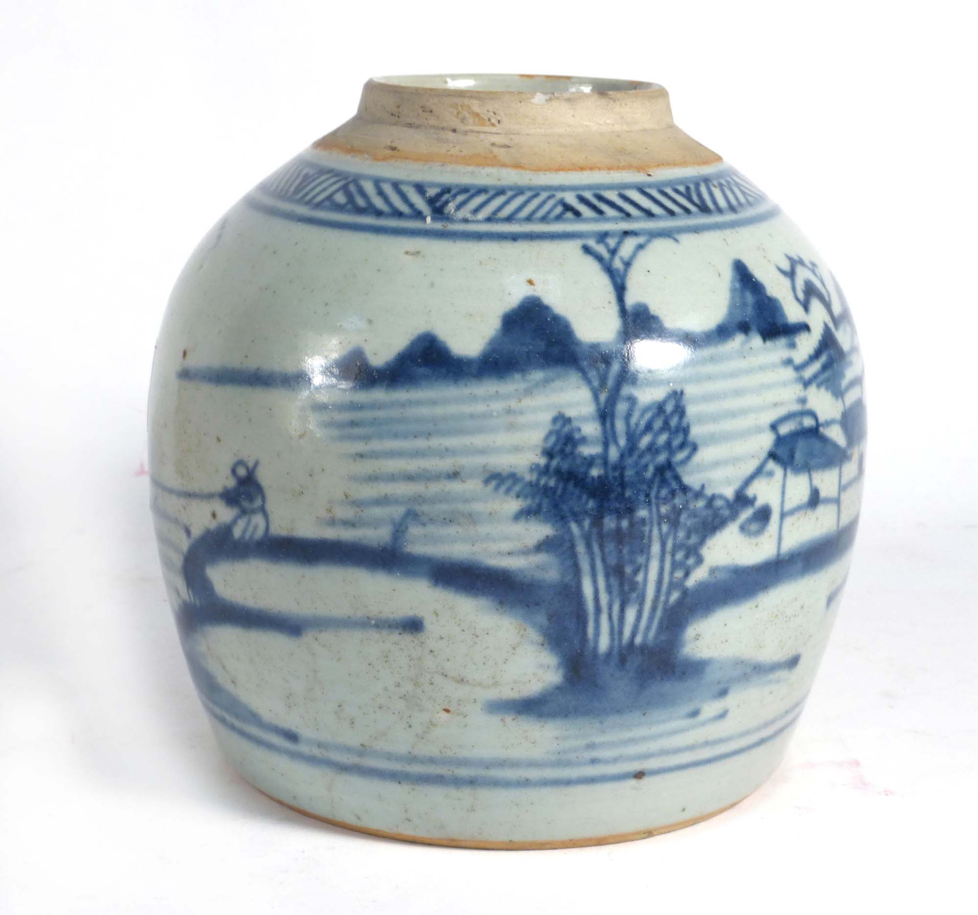 A 19th century Chinese stoneware blue and white jar of globular form,