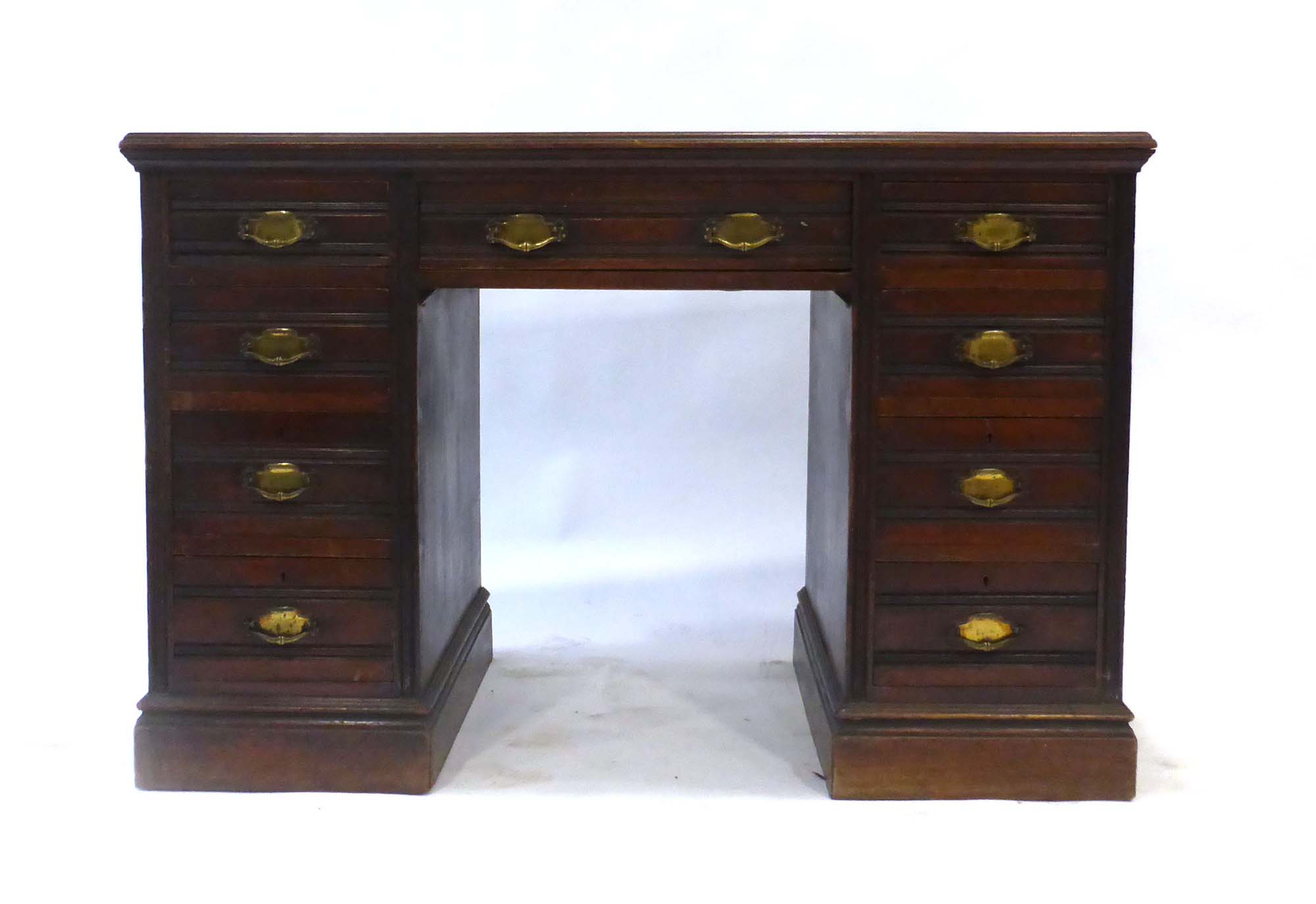 A Victorian mahogany twin pedestal desk with an arrangement of nine drawers on plinth bases, l.