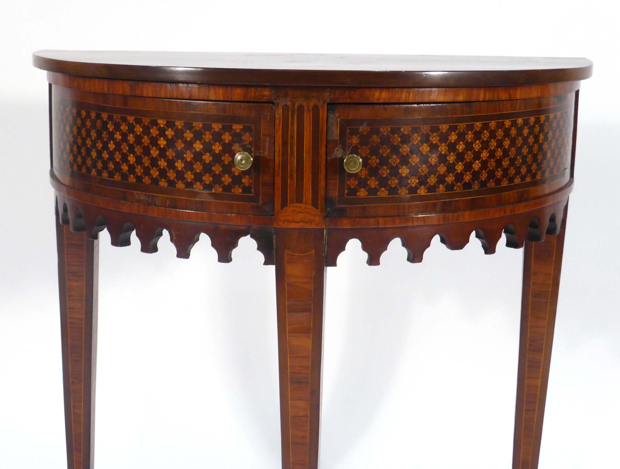 An 18th century walnut, strung and marquetry demi-lune side table in the Sheraton manner, - Image 3 of 5