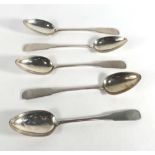 A set of five William IV Scottish silver fiddle pattern table spoons, maker FH, Edinburgh 1831,