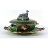 For Restoration: a Mintons Majolica dish and cover surmounted by a seated sheep,