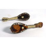 A pair of miniature tortoise shell, bone and mother-of-pearl inlaid mandolins, l.