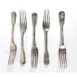 A mixed group of Victorian and later silver table and dessert forks, mostly fiddle pattern,