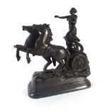 A spelter figural group modelled as a charioteer and horses, on a matching plinth, h.