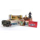 A mixed group of toys including a 'Goldie Gardner' land speed car, a Hornby O gauge 'Southern' loco,