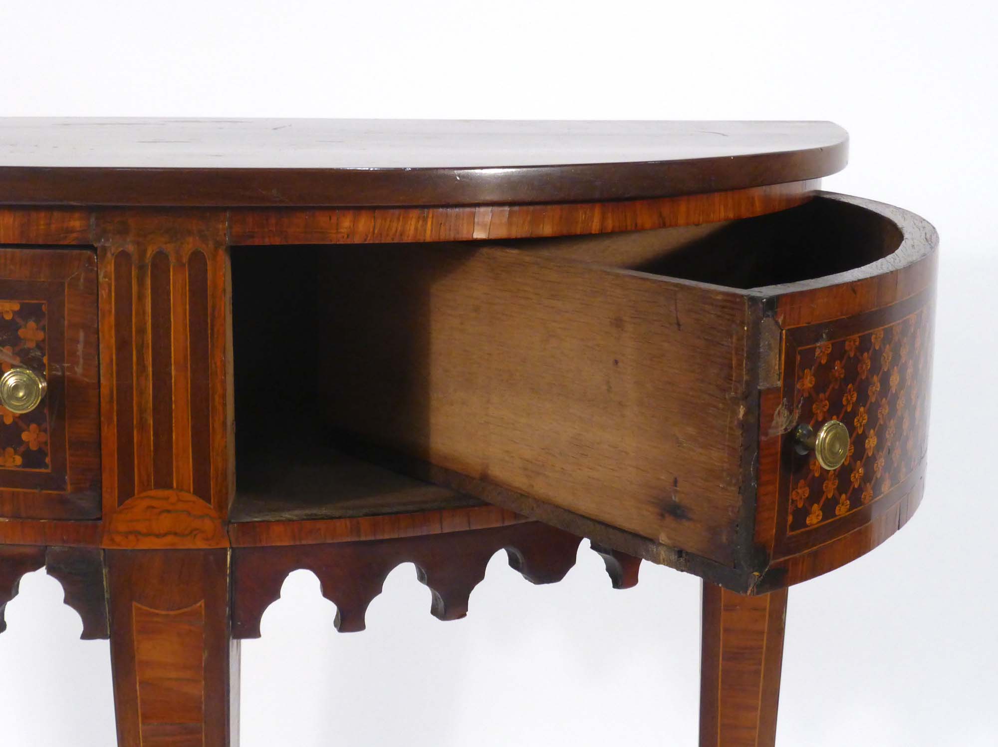 An 18th century walnut, strung and marquetry demi-lune side table in the Sheraton manner, - Image 5 of 5