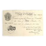 A Bank of England white five pound note dated 1945