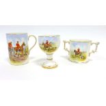 Three Royal Crown Derby pieces decorated with hunting scenes including a cup,