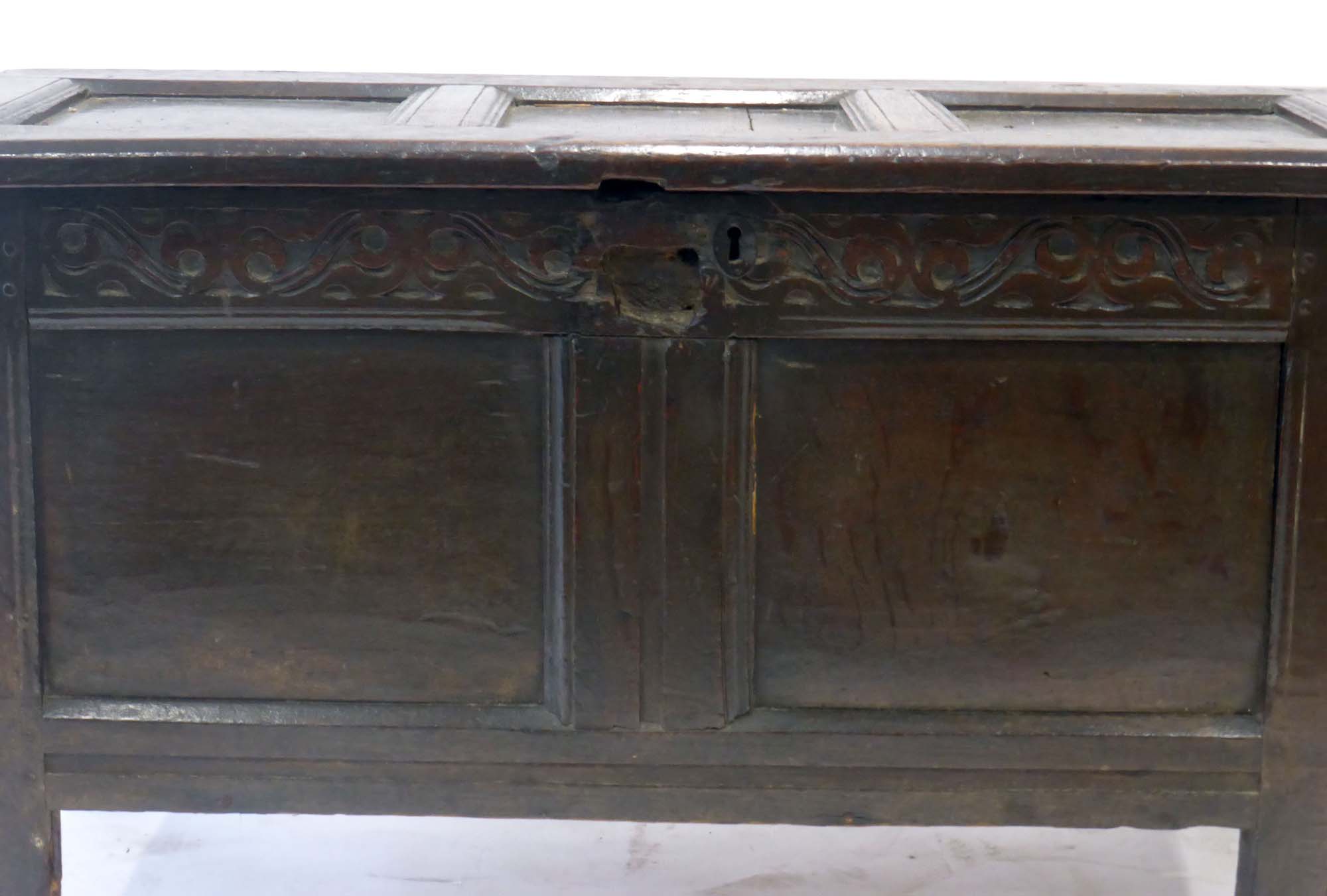 A 17th century oak panelled coffer on square straight stiles, l. - Image 3 of 5