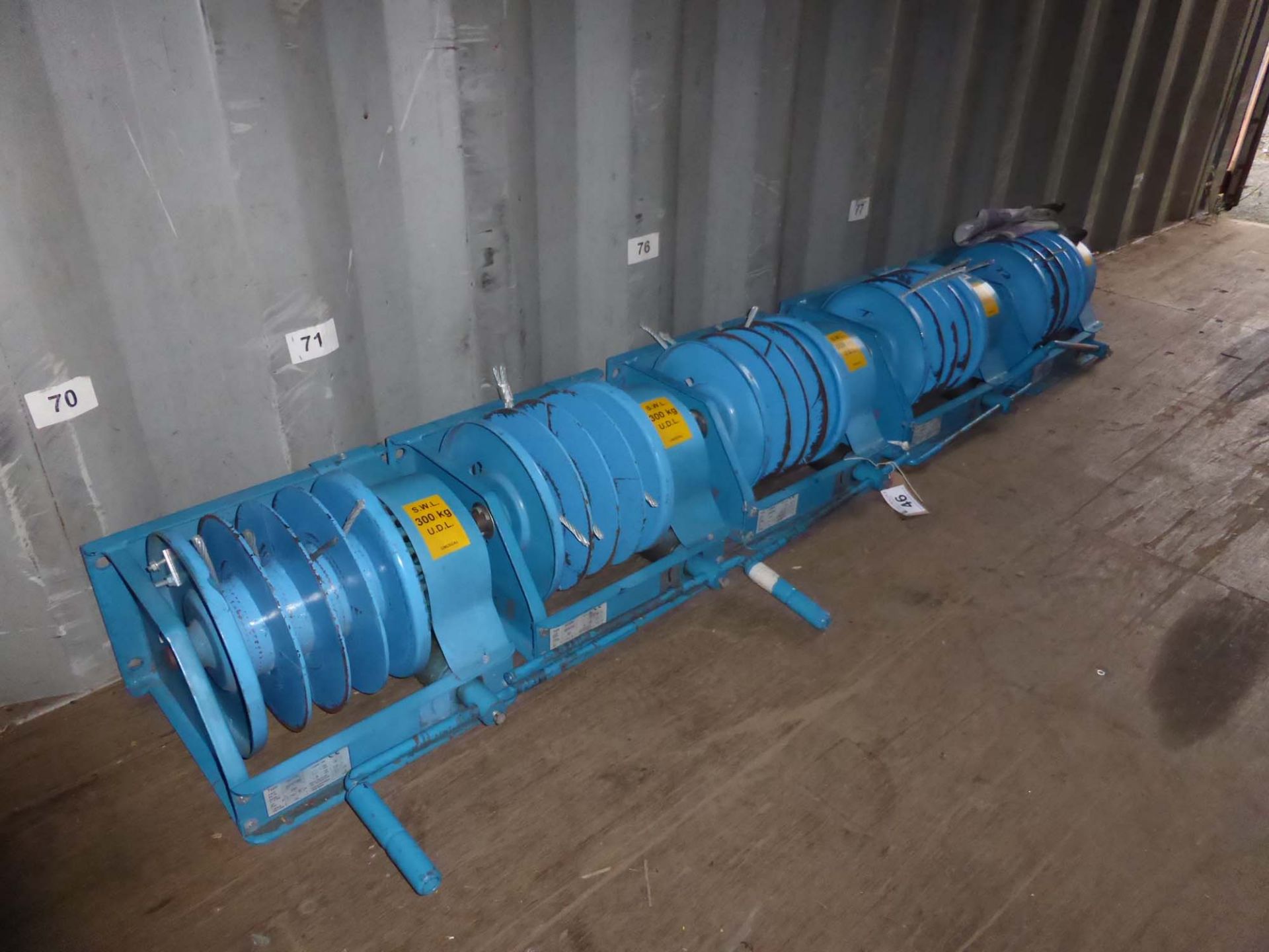 Five assorted Pfaff stage type manual winches, for 4 wire rope secions and 300kg SWL