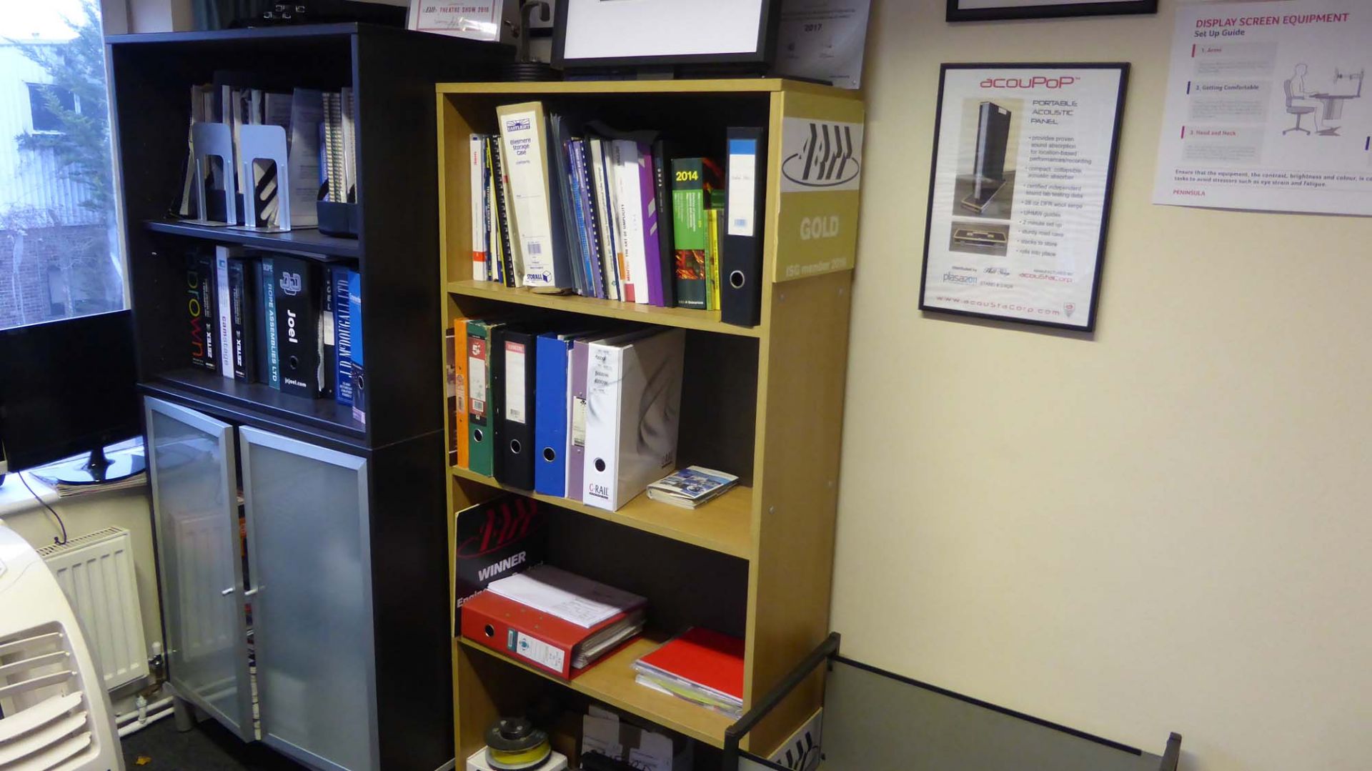 Office furniture in the first floor office comprising 4 L-shaped light oak desks, 1 straight light