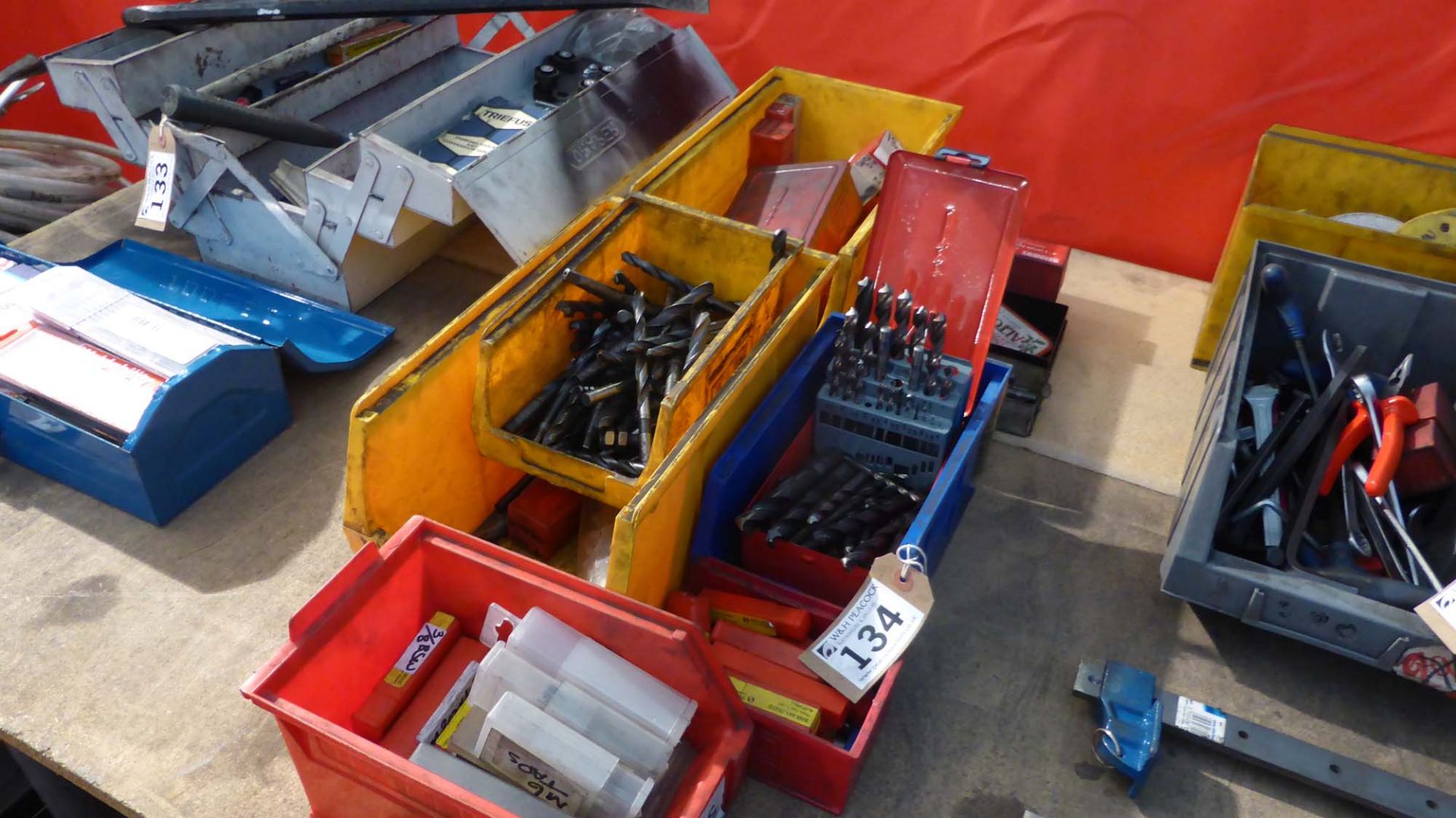 Five linbins and contents of assorted drills and tooling