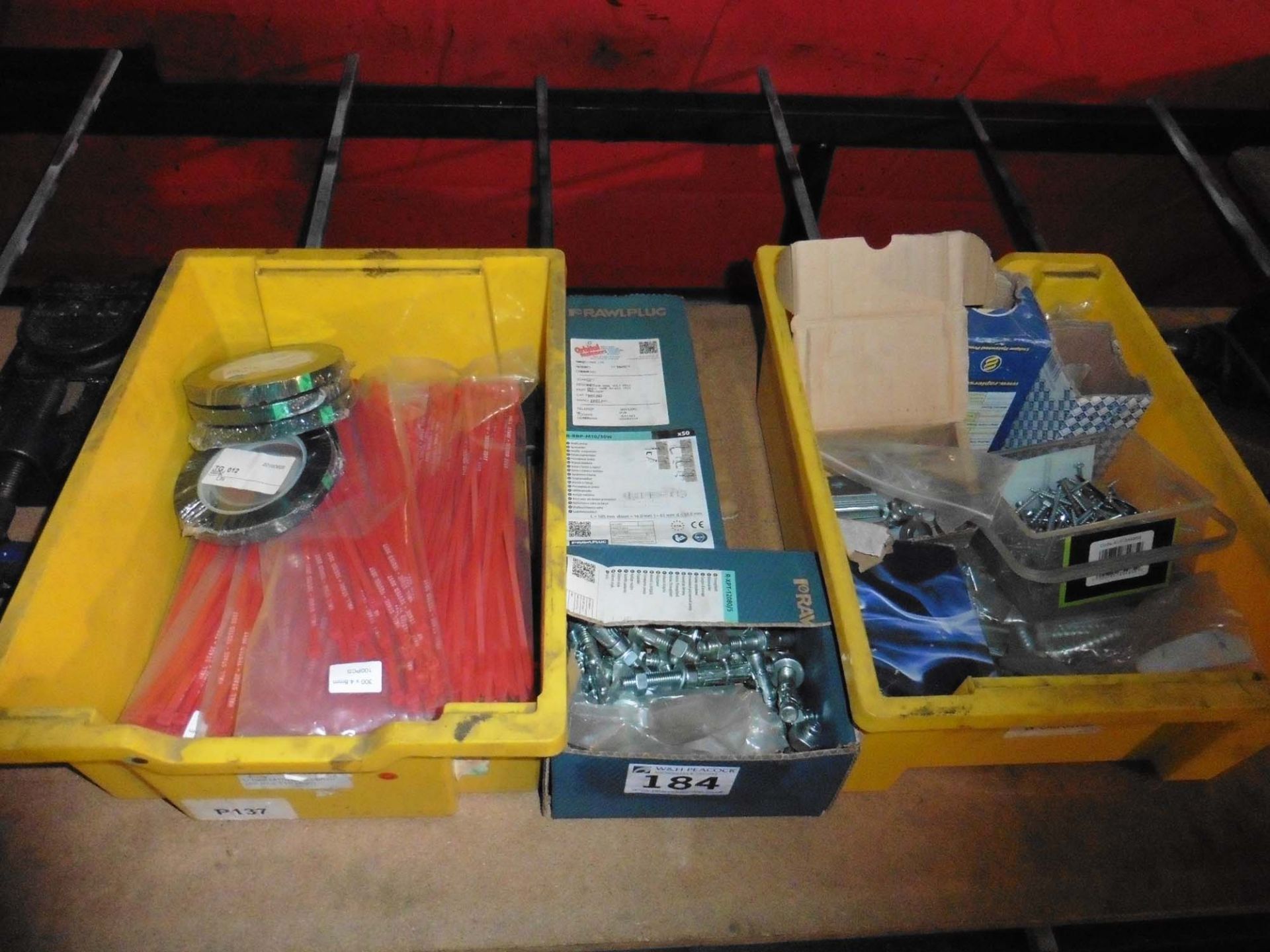 Two lin bins of assorted cable ties, fittings, rawl plugs, etc