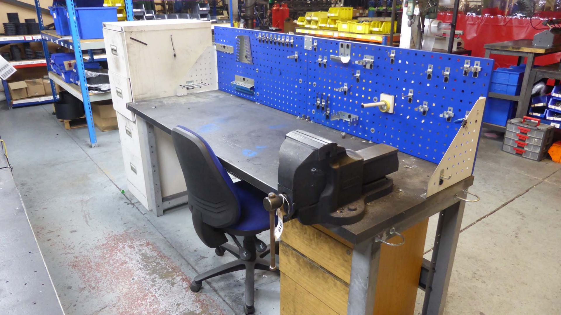 Assembly heavy duty work bench 2m by .7m with Record 25 vice, swivel chair, steel filing cabinet and