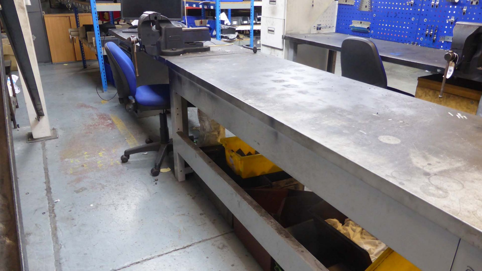 2 heavy duty assembly benches (2m x 0.7m each) with Record number 35 quick release vice and 6 roller