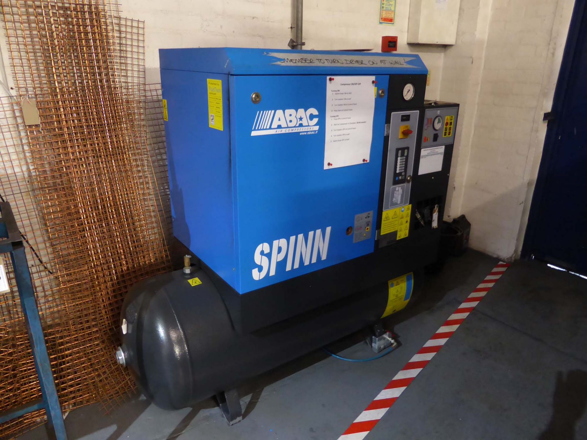 ABAC Spinn packaged receiver mounted air compressor, 10 bar working pressure, year 2016, with