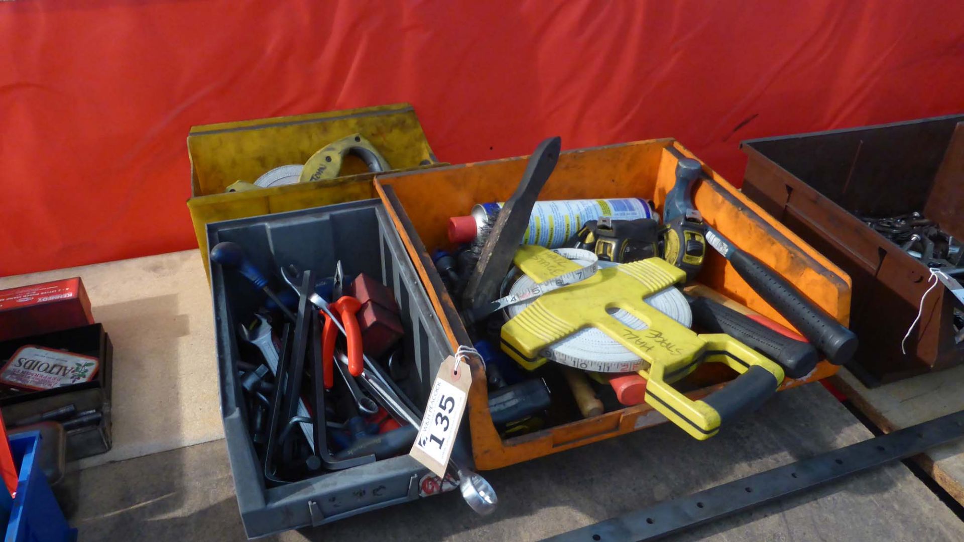 Three linbins of various allen keys, hand tools, tapes and spanners