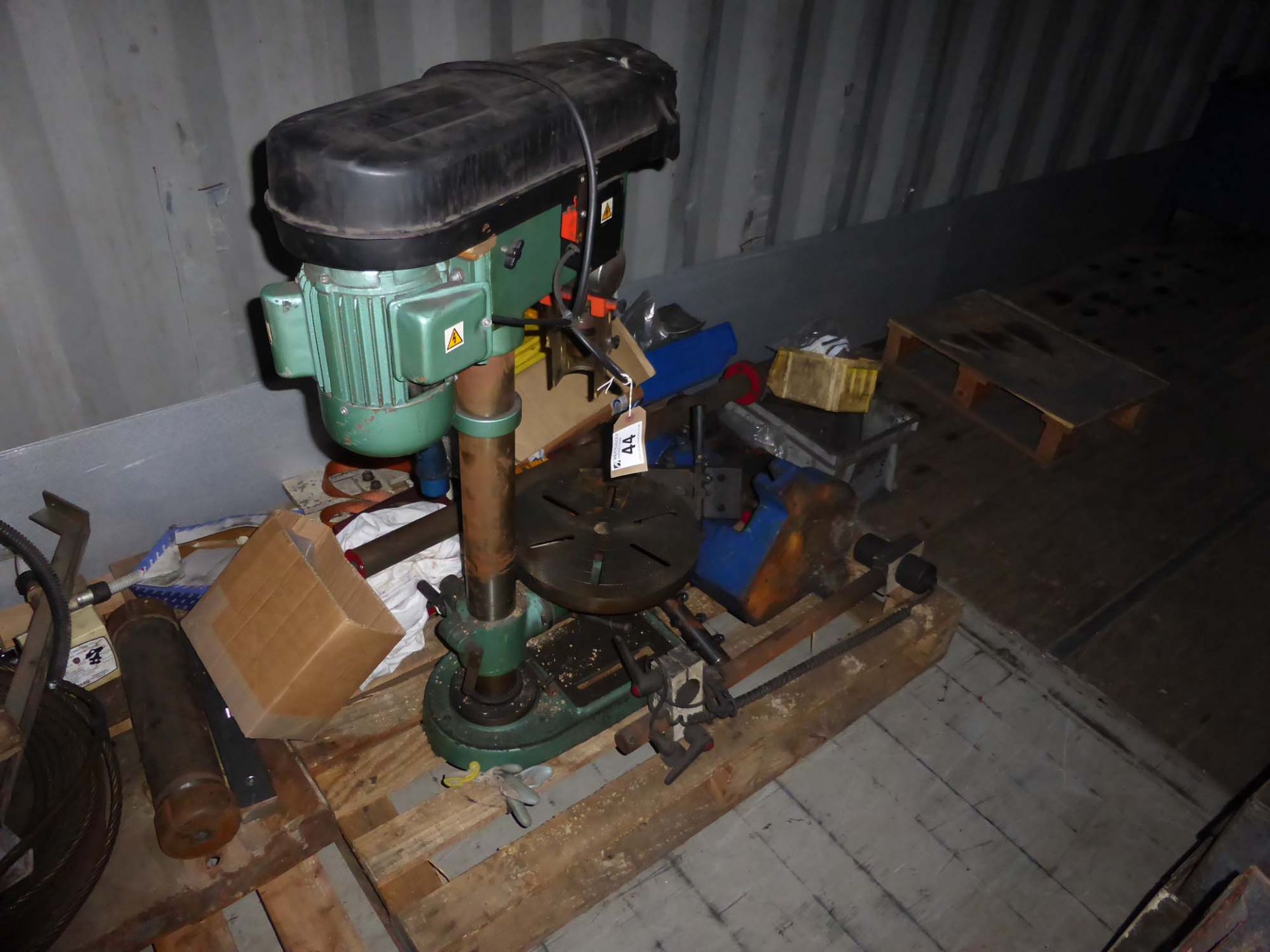 Pallet of return from site equipmment including a Meddings Popular bench drill, a fly press,